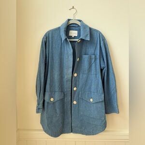 Cute light blue denim chore coat. Fun french artist look.